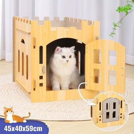 Cat House Rabbit Hutch Pet Scratcher Indoor Bunny Cage Kitten Castle Condo Cave Guinea Pig MDF Collapsible with Lockable Door