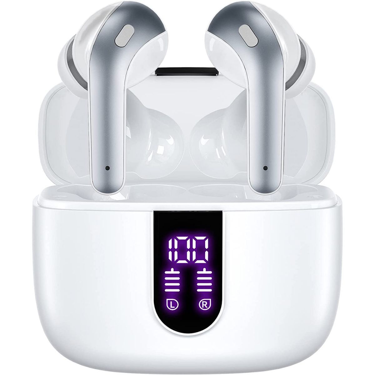 Bluetooth Headphones,True Wireless Earbuds LED Power Display Earphones with Wireless Charging Case IPX5 Waterproof in-Ear Earbuds with Mic for TV Smart Phone Computer Laptop Sports (White)