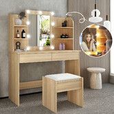 Dressing Table Makeup Mirrored Lighting Vanity Dresser Set Bedroom with Stool Drawers Oak