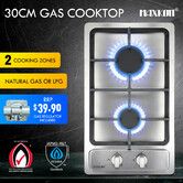 Gas Cooktop 2 Burner Stove Hob Cooker Top Knobs 30cm NG LPG Stainless Steel Surface Silver Maxkon