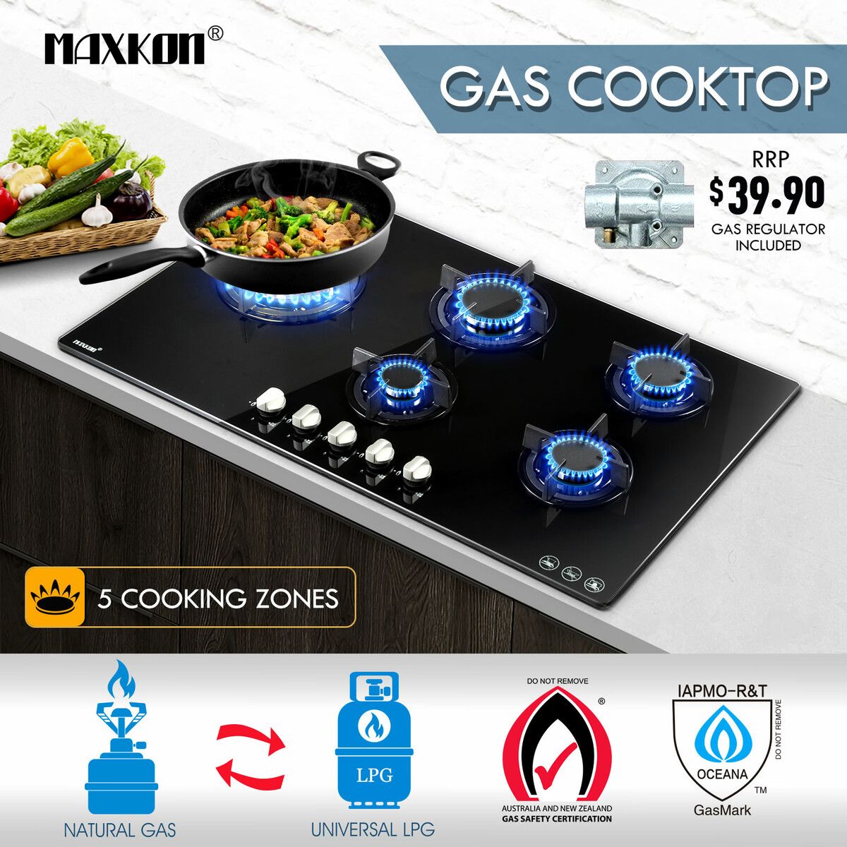 90cm Gas Cooktop 5 Burner Stove Hob Cooker Top Knobs NG LPG Glass Surface Black Maxkon 