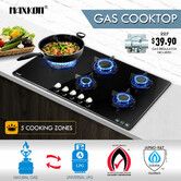 90cm Gas Cooktop 5 Burner Stove Hob Cooker Top Knobs NG LPG Glass Surface Black Maxkon 