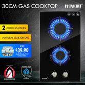 2 Burner Gas Cooktop Cooker Hob Stove Top Knobs 30cm NG LPG Ceramic Glass Surface Black Maxkon