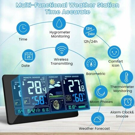 Wireless Weather Station with Outdoor Sensor, Colour Display, Digital Thermometer, Hygrometer Rain Gauge and Time Display for Indoor and Outdoor Home Office