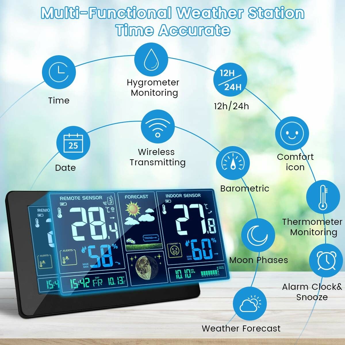 Wireless Weather Station with Outdoor Sensor,   Digital Thermometer, Hygrometer Rain Gauge and Time Display for Indoor and Outdoor Home Office