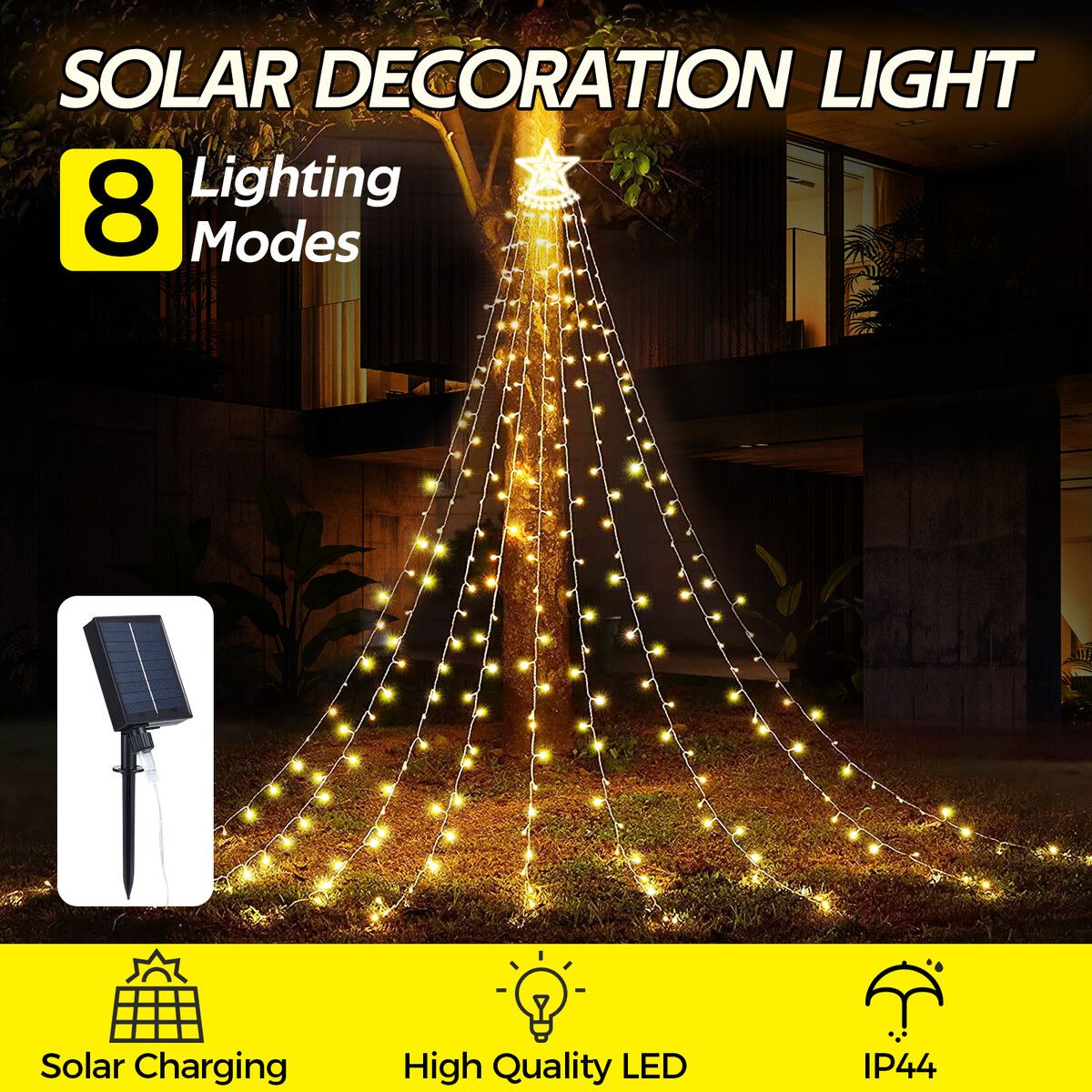 Solar LED String Light Waterfall Fairy Christmas Tree Hanging Decoration Ornament Star Topper Strip Indoor Outdoor 350 LED 9 Strands 8 Lighting Modes 