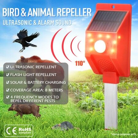 Ultrasonic Bird Repeller Animal Pest Pets Repellent Deterrent Dog Cat Squirrel Rodent Solar Powered Flashing Light Alarm Sound Maxkon