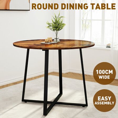 Round Dining Table Room Kitchen Small Modern Rustic Midcentury Furniture for 4 Person with Black X Shaped Steel Legs Brown Tabletop