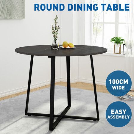 Round Dining Room Table Kitchen Black Furniture Small Modern Rustic Midcentury Industrial for 4 Person with X Shaped Steel Legs
