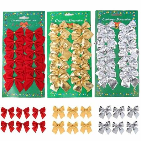 36 Pcs Christmas Bows Ornaments for Christmas Tree Ribbon Glitter Bow Hanging Decorations, Party Home Wreaths Gift Wrapping  Red + Gold + Silver