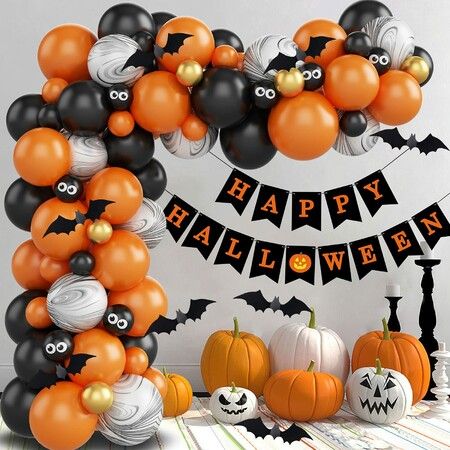 Halloween 70 PCS Balloons Garland Arch Kit Party with Halloween Banner Bats Decoration for Halloween Party Supplies