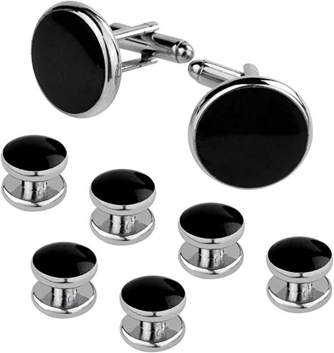 Cufflinks and Studs Set for Tuxedo Shirts,Black Silver,Tux Buttons for Shirts Wedding Business Gift