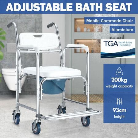 Commode Shower Chair Toilet Wheelchair 3 in 1 Bath Stool Bathroom Bedside Seat Seating Furniture Folding with Arms 