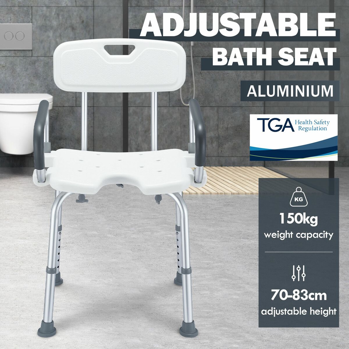 Shower Chair Seat Bath Stool Adjustable Bathroom Furniture Bathtub Seating Bench for Elderly Disabled with Arms 