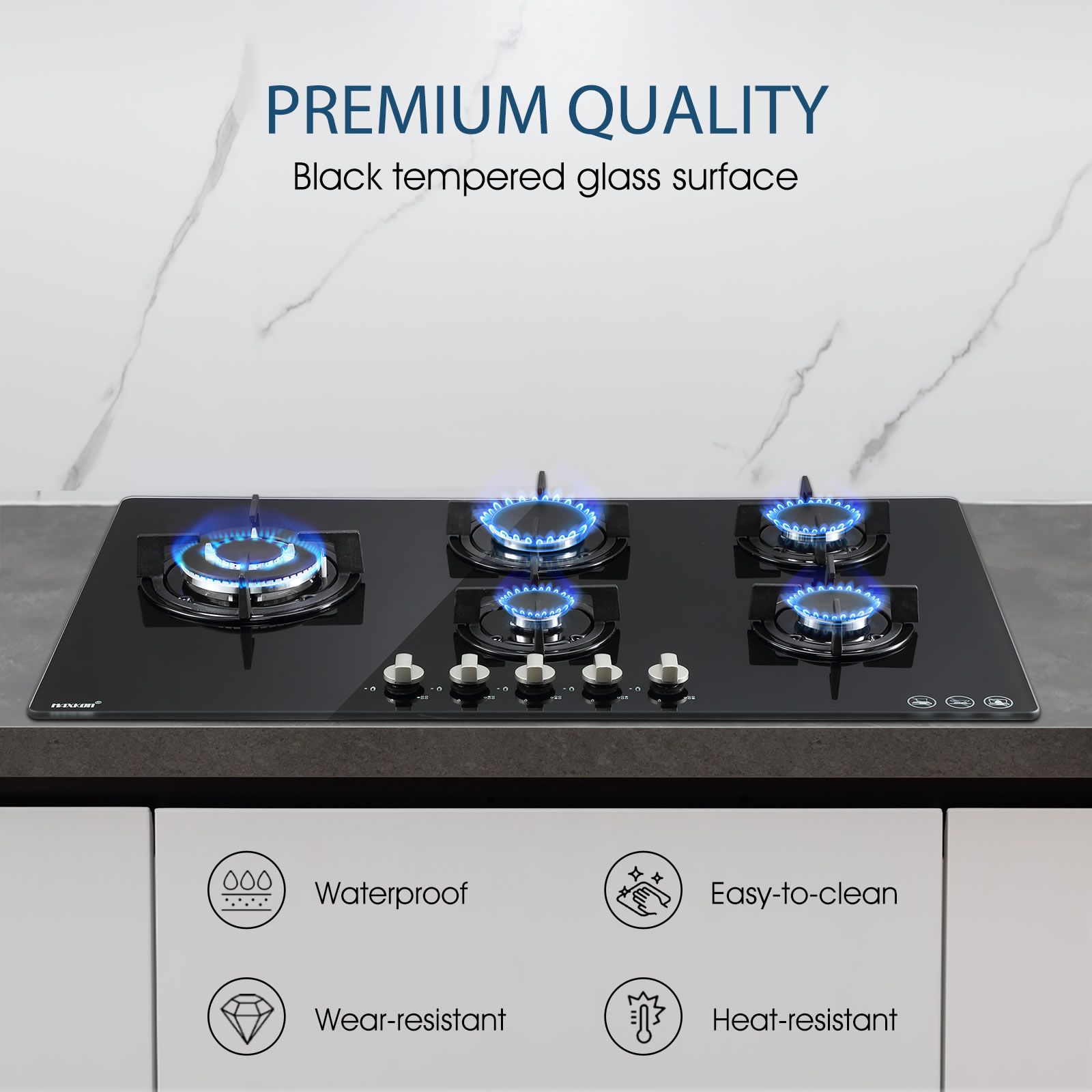 90cm Gas Cooktop 5 Burner Stove Hob Cooker Top Knobs NG LPG Glass ...