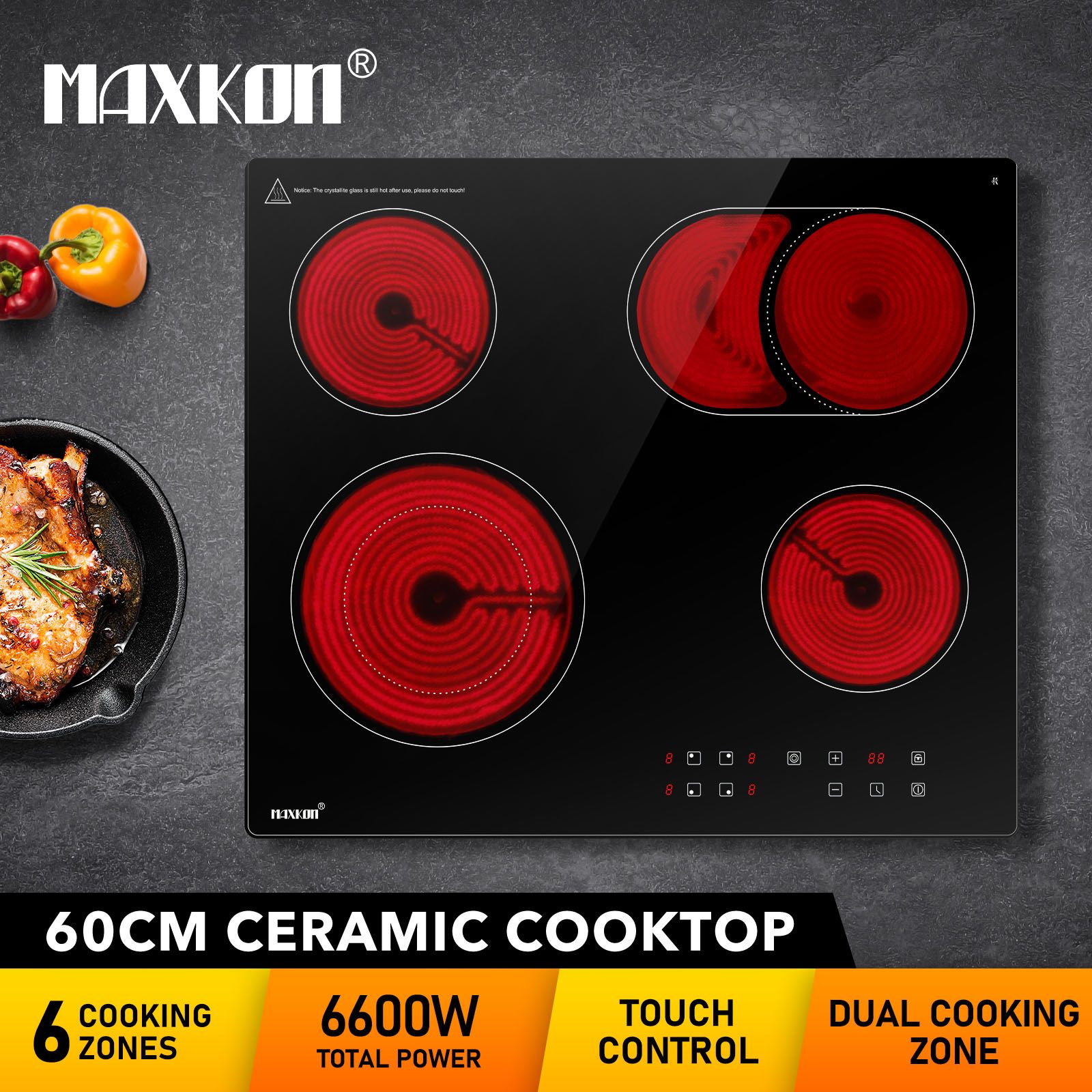 Ceramic Cooktop Stove Electric Cooktop Hob Cooker Glass Top 4 Burners 6 Zones 60cm Touch Control Built In Maxkon