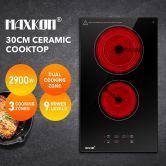 Ceramic Cooker Cooktop Stove Electric Glass Top Hob Cooker 2 Burners 3 Zones 30cm Touch Control Built In Maxkon