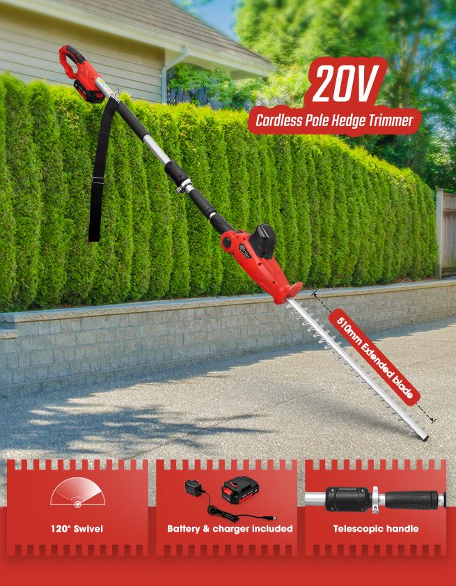 Pole Hedge Trimmer Cordless Electric Extendable Long Reach Rechargeable