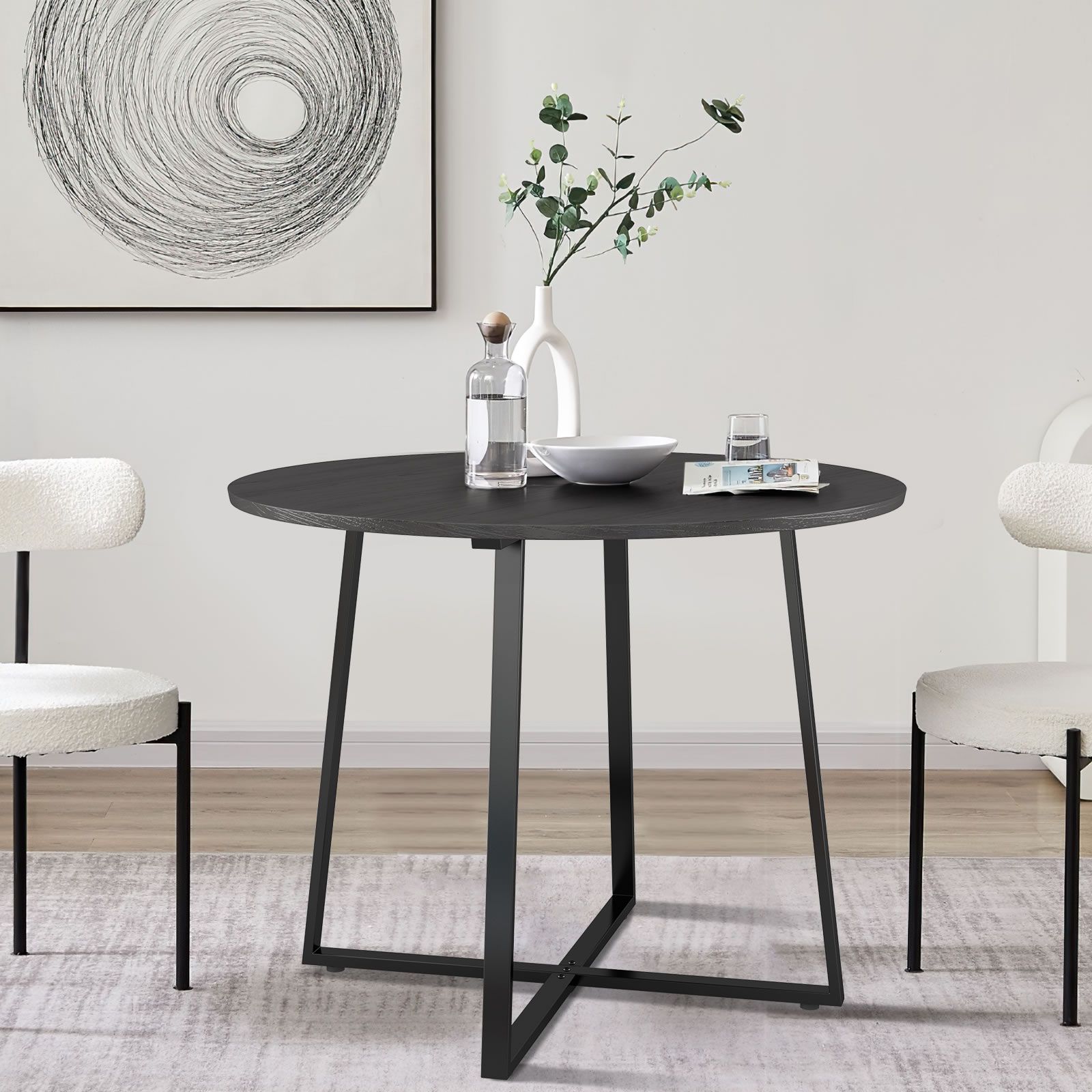 Round Dining Room Table Kitchen Black Furniture Small Modern Rustic Midcentury Industrial for 4