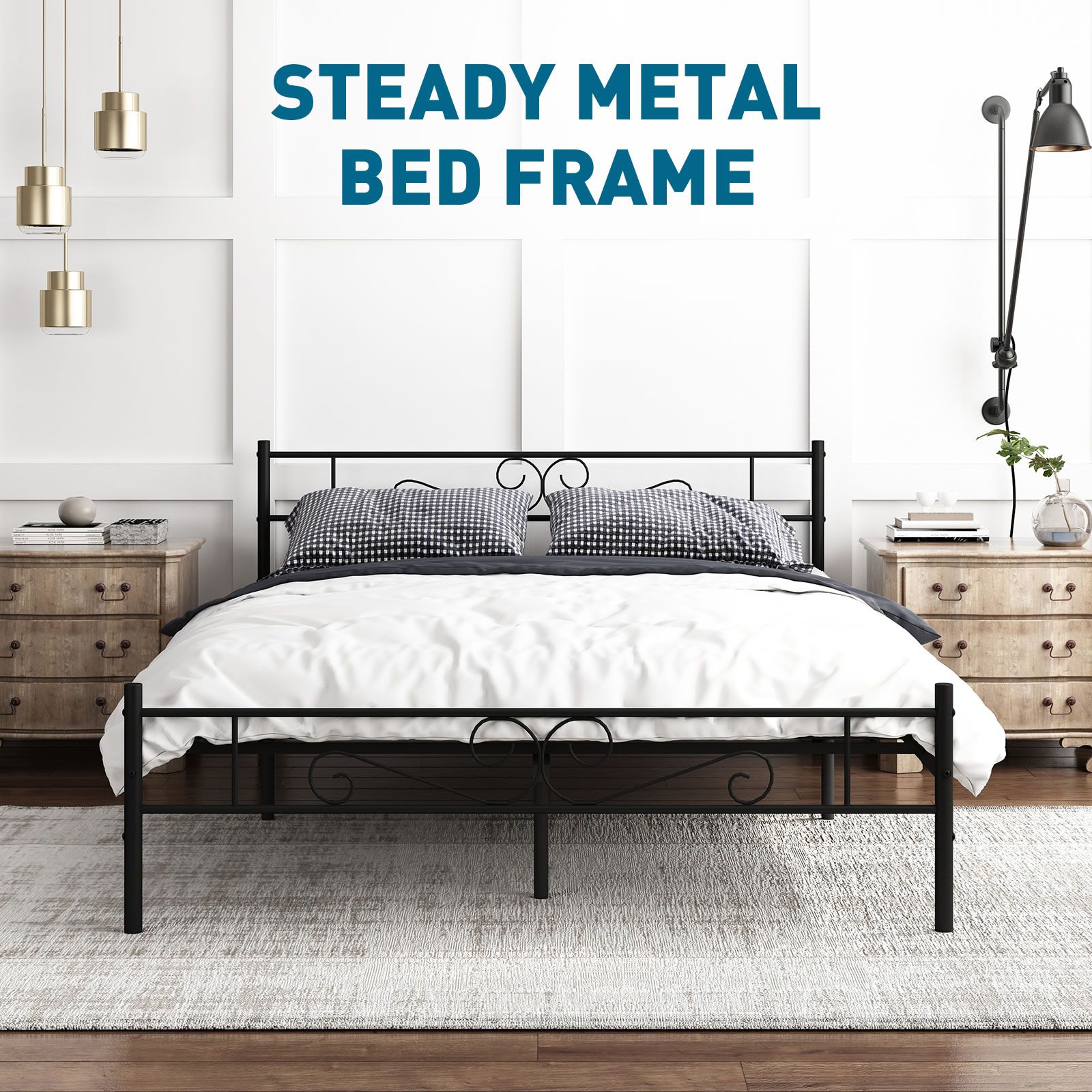 Metal Queen Bed Frame Base Black Mattress Foundation Platform with