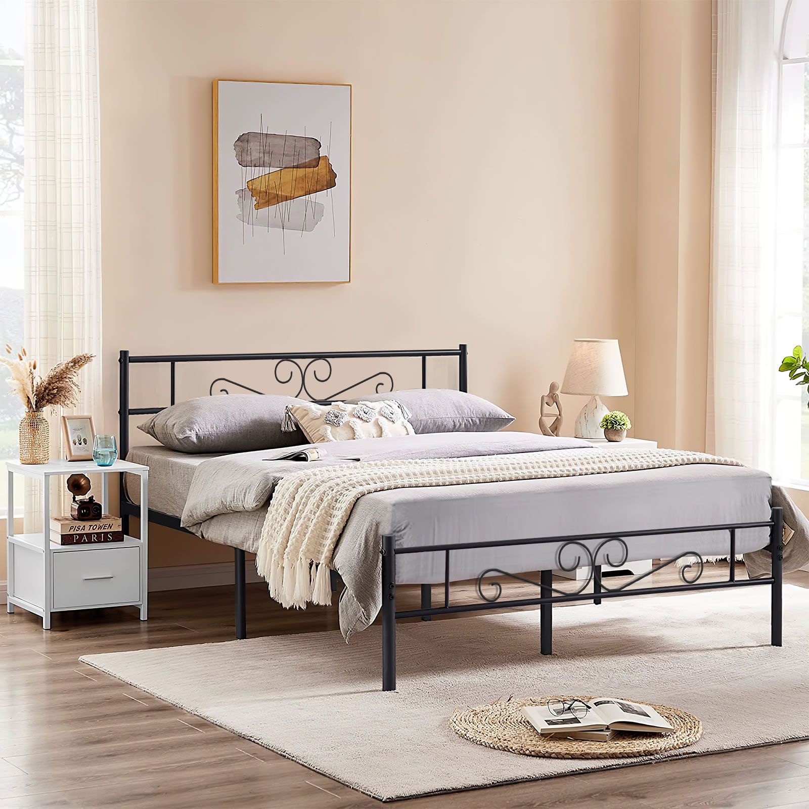 Metal Queen Bed Frame Base Black Mattress Foundation Platform with