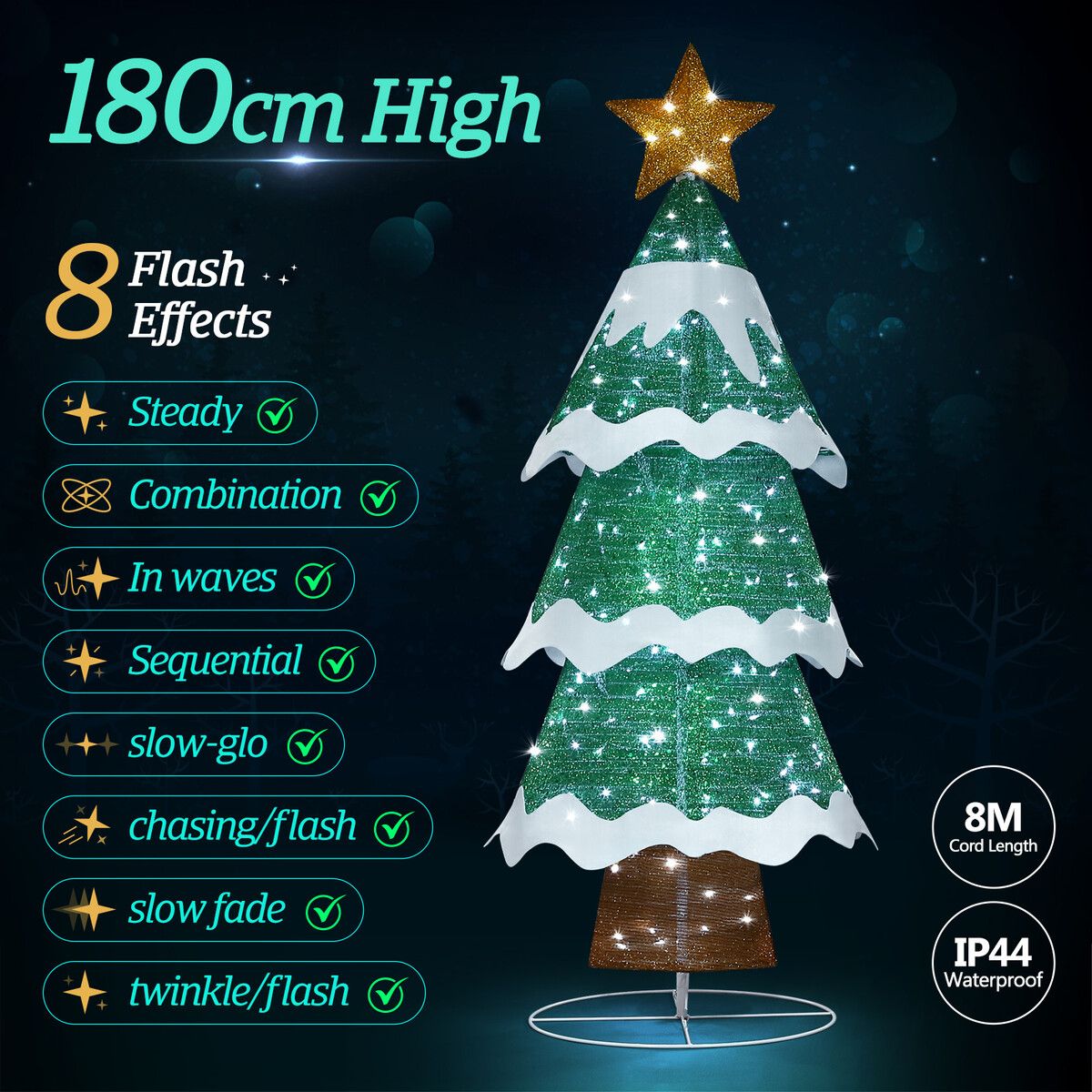 180cm Christmas Tree Decoration LED Strip Light Home Display Xmas Outdoor Holiday Ornaments Folding 3 Tiers 8 Flickering Effects Star Topper