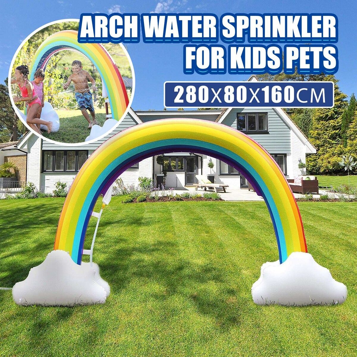 Water Sprinkler Play Toy Inflatable Pool Beach Float Game Centre Outdoor Lawn Garden Spray Squirter Large Rainbow Arch for Kids Pets 160cm Tall