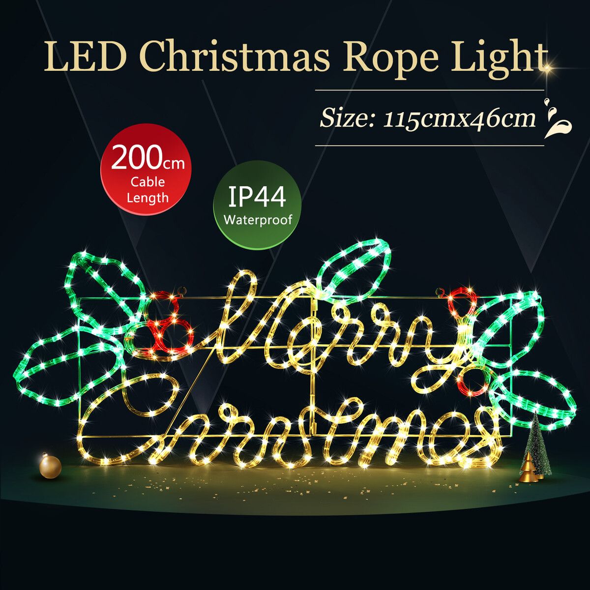 Merry Christmas Light LED Strip Rope Xmas Decor Holiday Ornament Outdoor Indoor Colourful 115x46cm L Size