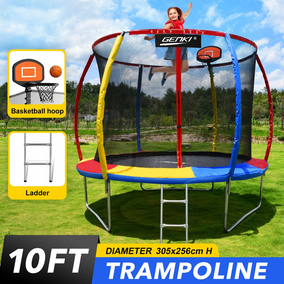 Genki 10ft Trampoline Kids Rebounder Jumping Bounce with Basketball Hoop Ladder Enclosure Indoor Outdoor Round