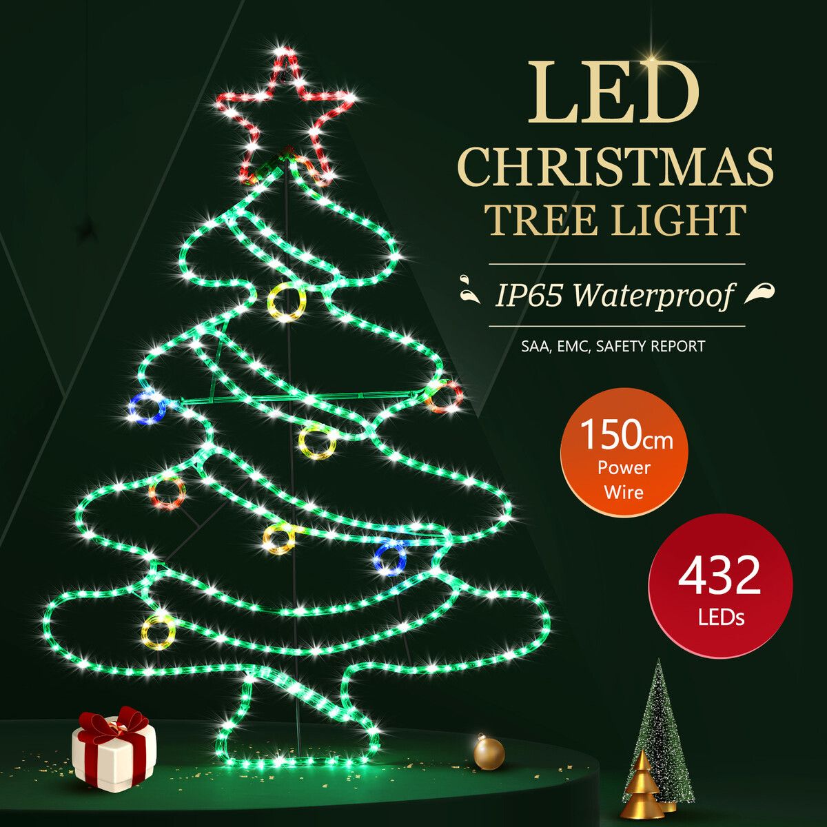 Solight Christmas Tree Light LED Strip Rope Xmas Decoration Holiday Ornament Outdoor Indoor IP65 125x88cm XL Size