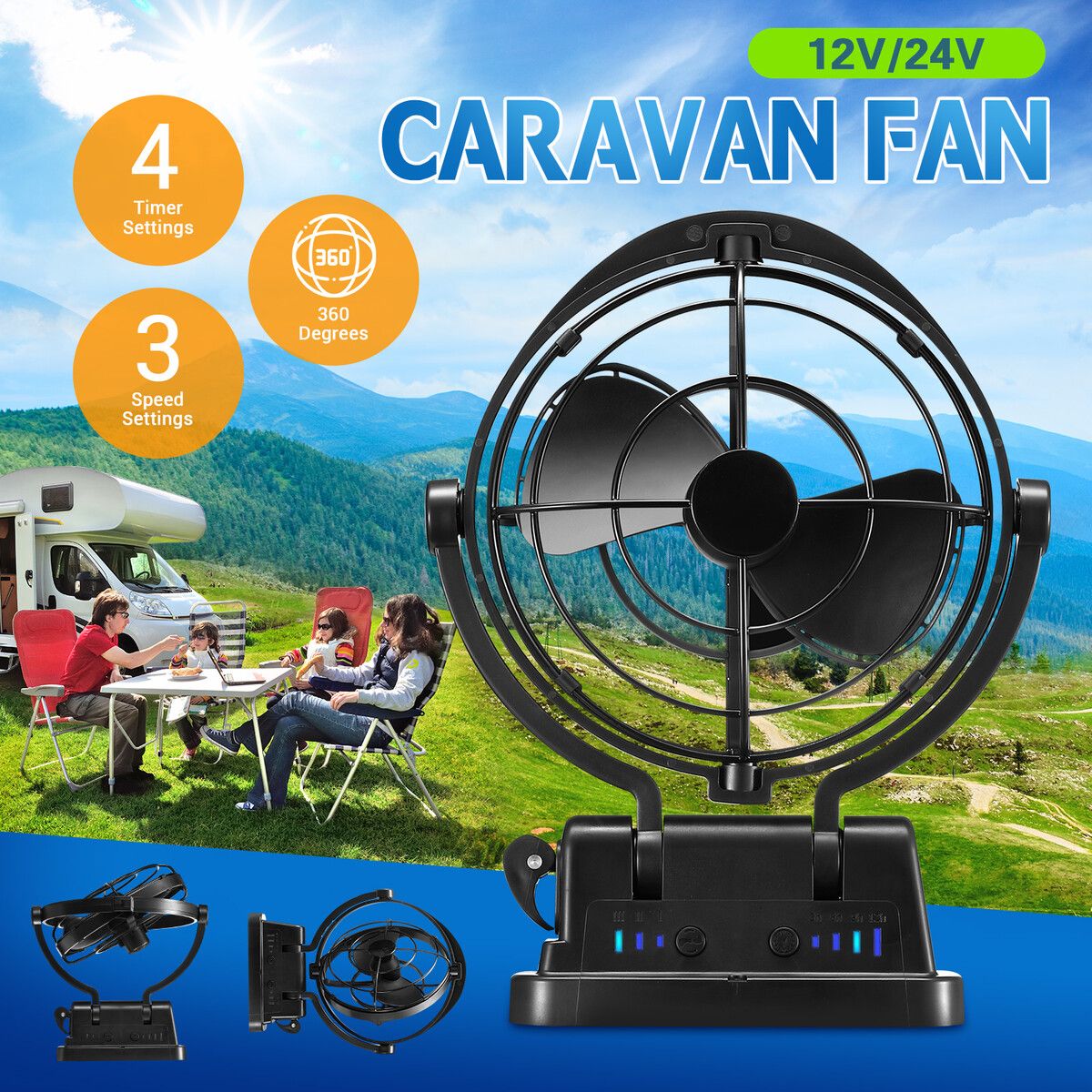 12V 24V Caravan Fan Camper Camping Trailer RV Boat Gimbal Design 360 Degree Campervan Motorhome with Remote Control Black