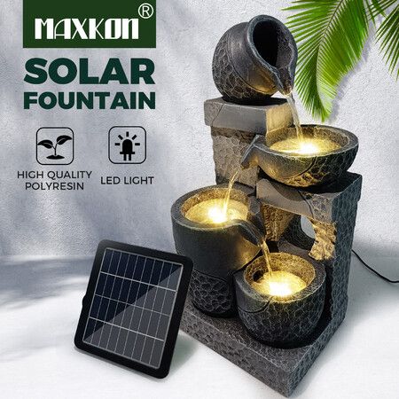 Outdoor Solar Water Fountain Garden Features 4 Tier LED Bird Bath Indoor Rechargeable Panel 