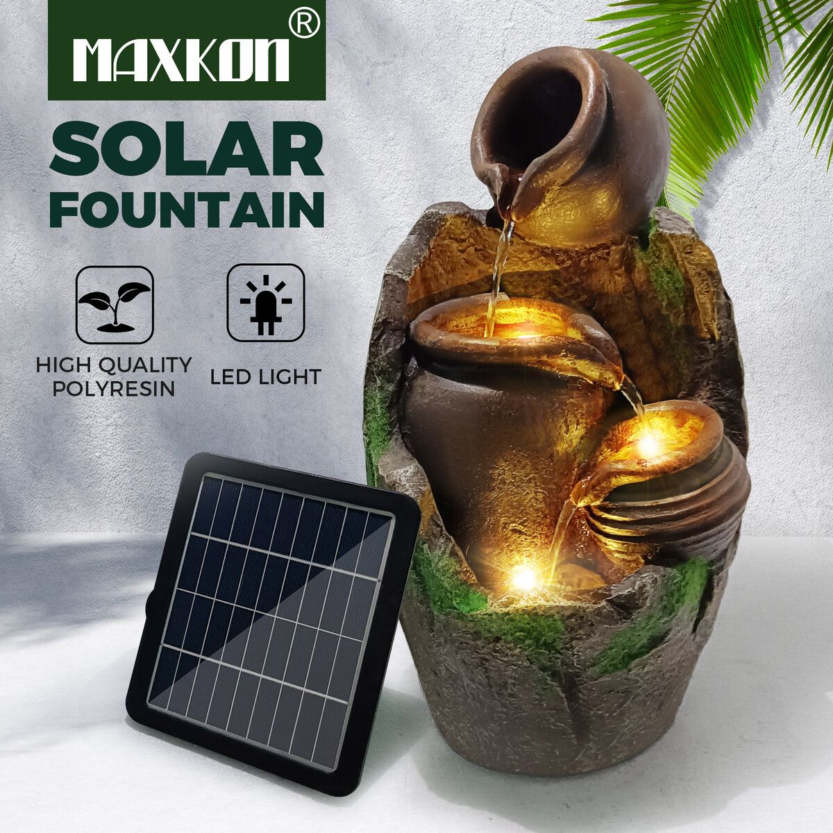 Garden Fountain Solar Water Features Outdoor LED Waterfall Indoor Patio Backyard Battery Panel 4 Tier