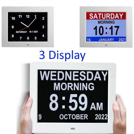 EXTRA Large 3-interface Display 8-inch  Digital Day Clock with 8 Alarms, Non-Abbreviated Day & Month,  Vision Impaired Clock for Elderly Seniors(White)