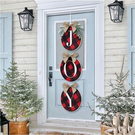 Christmas Decorations,Joy Sign - Buffalo Check Plaid Wreath for Front Door - Rustic Burlap Wooden Holiday Decor for Home Window Wall Farmhouse Indoor Outdoor
