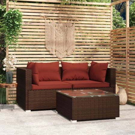 3 Piece Garden Lounge Set with Cushions Brown Poly Rattan