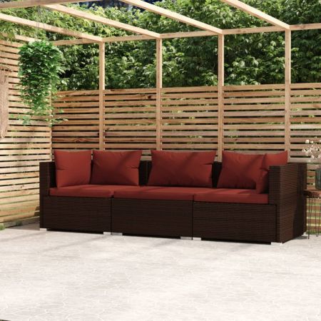 3-Seater Sofa with Cushions Brown Poly Rattan