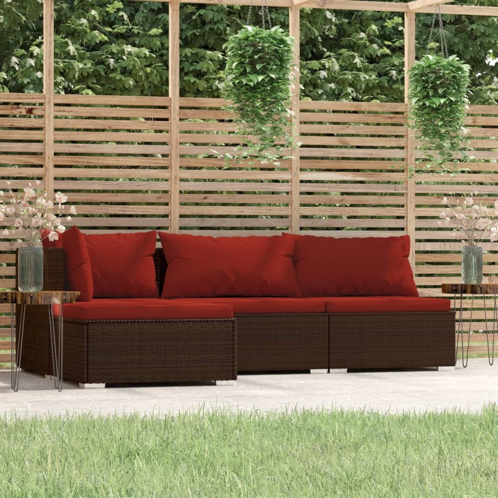 4 Piece Garden Lounge Set with Cushions Brown Poly Rattan