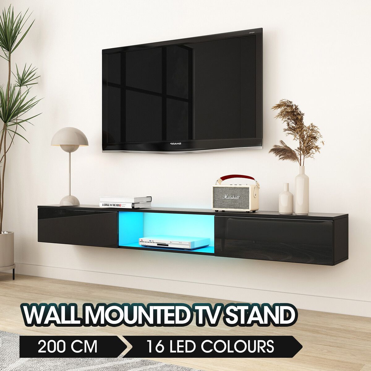 Wall Mounted TV Cabinet Black LED Entertainment Unit Floating Stand Console Bench Open Storage Shelf 2 Drawers High Gloss Front Wood Furniture 200cm