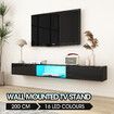 Wall Mounted TV Cabinet Black LED Entertainment Unit Floating Stand Console Bench Open Storage Shelf 2 Drawers High Gloss Front Wood Furniture 200cm