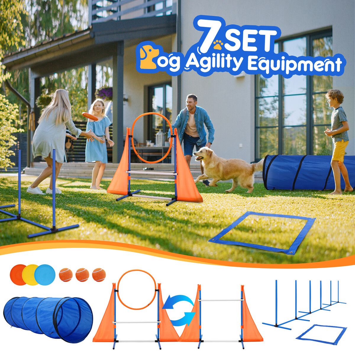 Dog Agility Equipment Obstacle Training Course 7 Set Pet Toys Supplies Hurdle Jump Tire Tunnel Pause Box Weave Poles Frisbees Balls Carry Bags