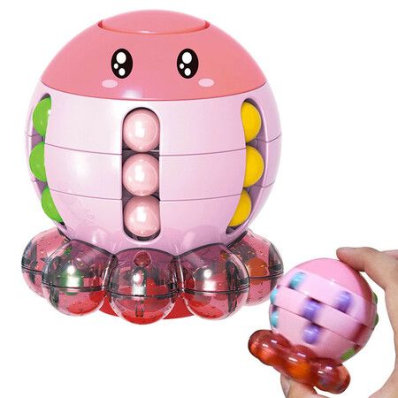 Octopus Rotating Magic Bean Cube Spinner Fidget Toy 2 in 1 Funny Beads Puzzle Educational Toys Desk Toys (Pink)