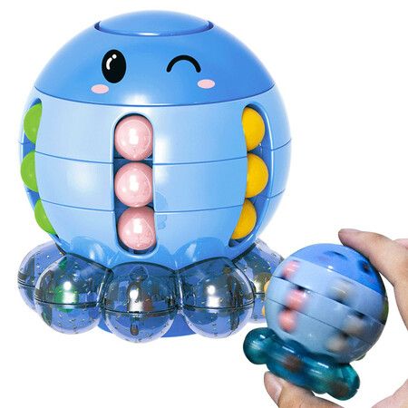 Octopus Rotating Magic Bean Cube Spinner Fidget Toy 2 in 1 Funny Beads Puzzle Educational Toys Desk Toys (Blue)