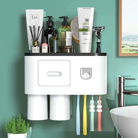 Bathroom Toothbrush Holder Wall Mounted Automatic Toothpaste Dispenser - Electric Toothbrush Holder with Toothpaste Squeezer,Magnetic Cup,Storage Drawer and 4 Toothbrush Organizer Slots(Grey,2 cups)