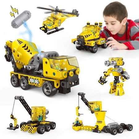 Motorized STEM Building Toys 6 in 1 Construction Blocks Toys with Electric Motor 193 Pcs Engineering Toys Gift Age 5+