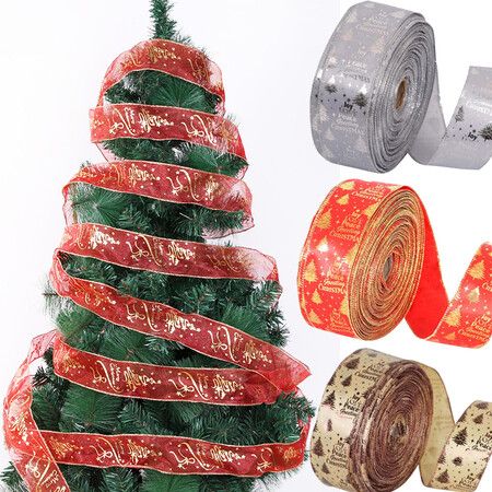 2M/3 roll Christmas Print Ribbon Xmas Tree Ornament Ribbon DIY Handmade Biscuit Gift Wrapping String Bow Christmas Decor
