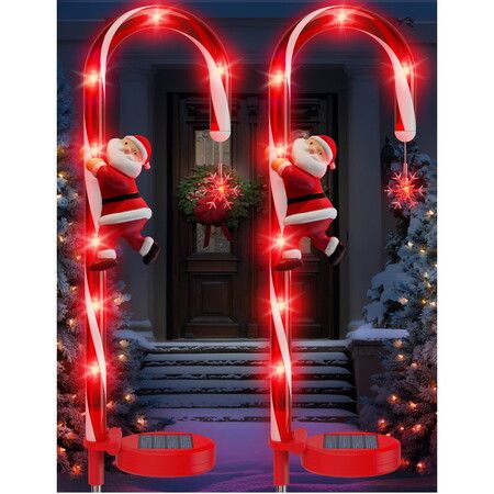 Solar Christmas Decorations Candy Cane Lights Outdoor Decor Stake with Modes 8 LED Lights for Garden Patio Yard Lawn 2 Packs
