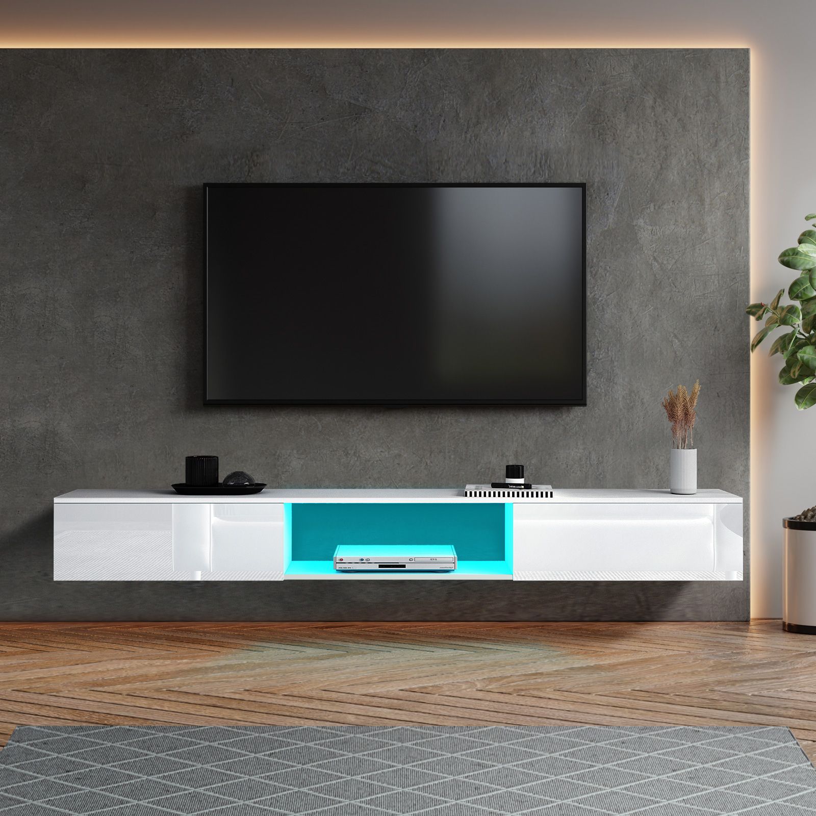 Wall Mounted TV White LED Entertainment Unit Floating Stand