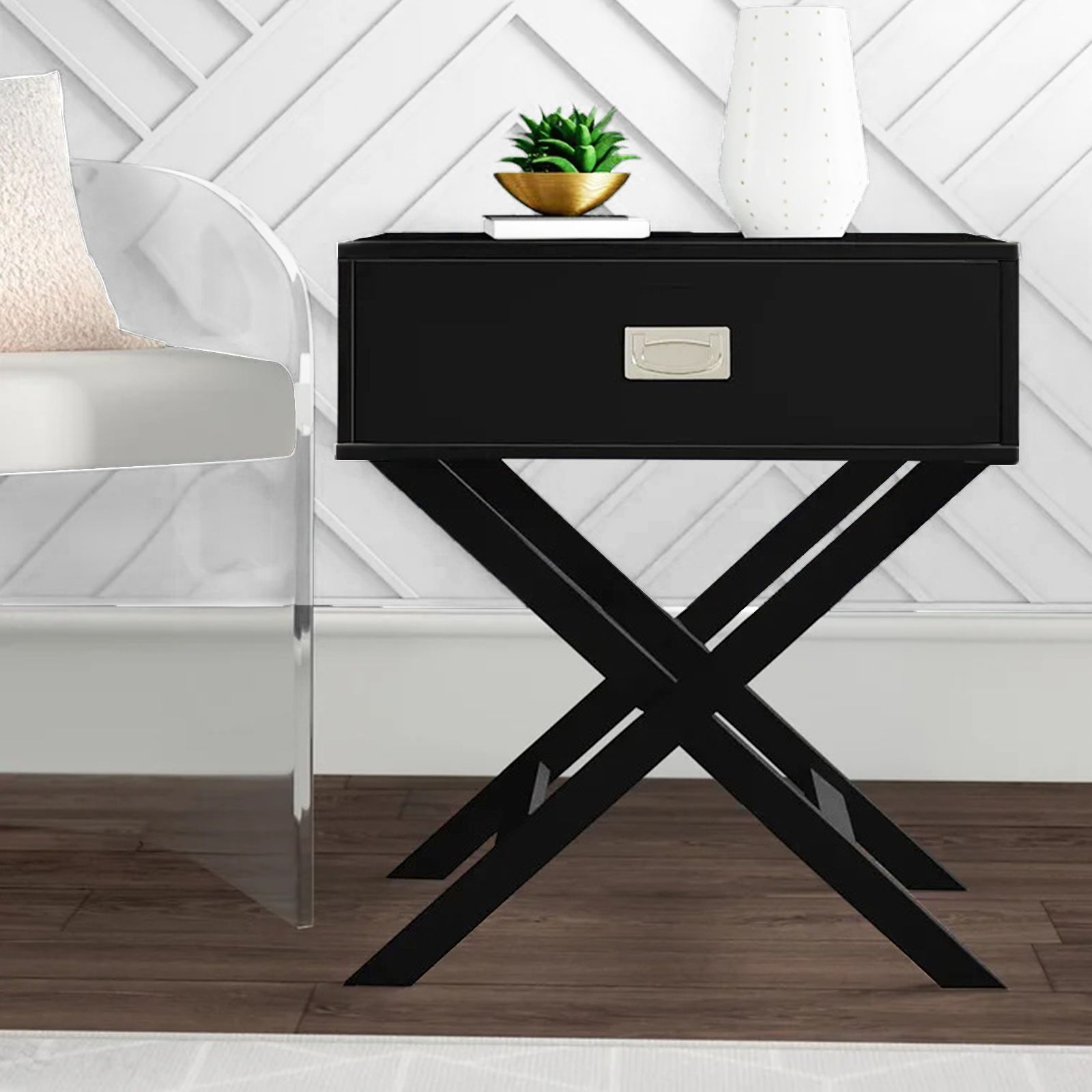 Black End Bedside Table With Drawer Modern Wooden Storage Small