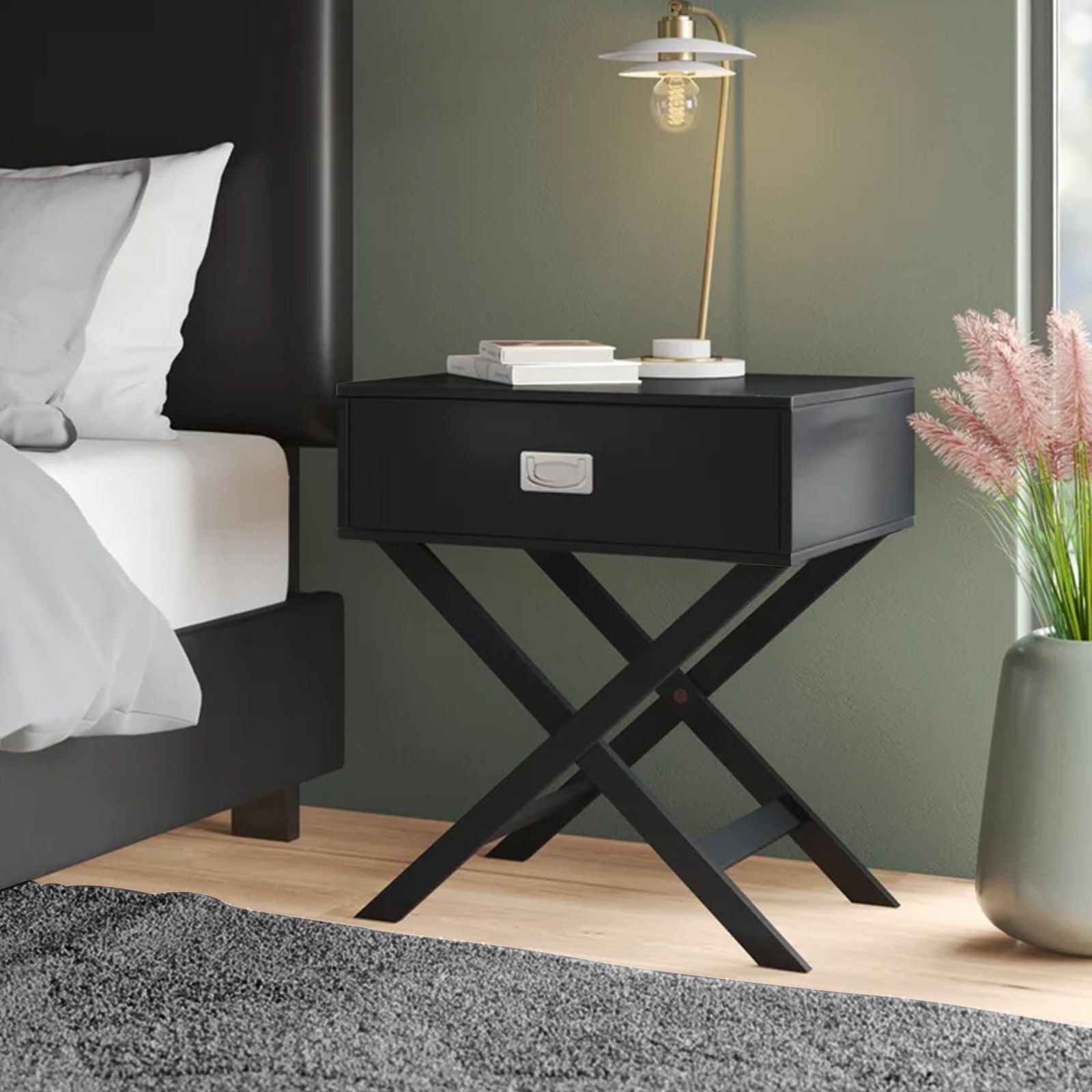 Black End Bedside Table With Drawer Modern Wooden Storage Small